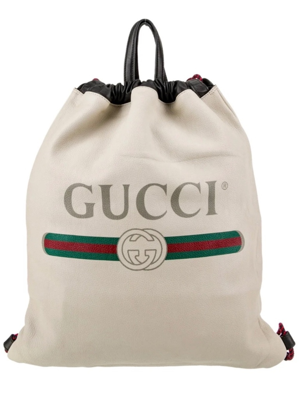 Gucci Mystic Off White Leather Logo Drawstring Backpack w Pouch